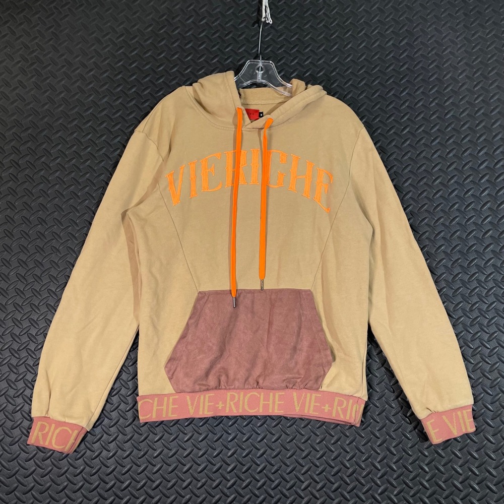 VIE+RICHE Paris Mens Hoodie Sweatshirt Tan Orange Accent‎ Medium Pullover